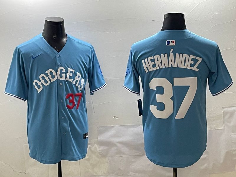 Men Los Angeles Dodgers #37 Hernandez Light Blue Joint Name 2025 Nike MLB Jersey style 23